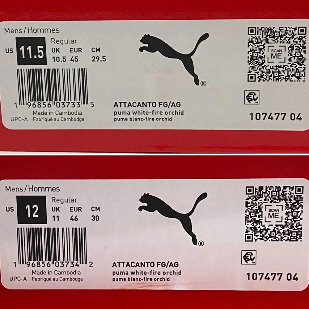 Puma, Men Size 11.5/ Men Size 12, Attacanto FG/AG, Puma White- Fire Orchid